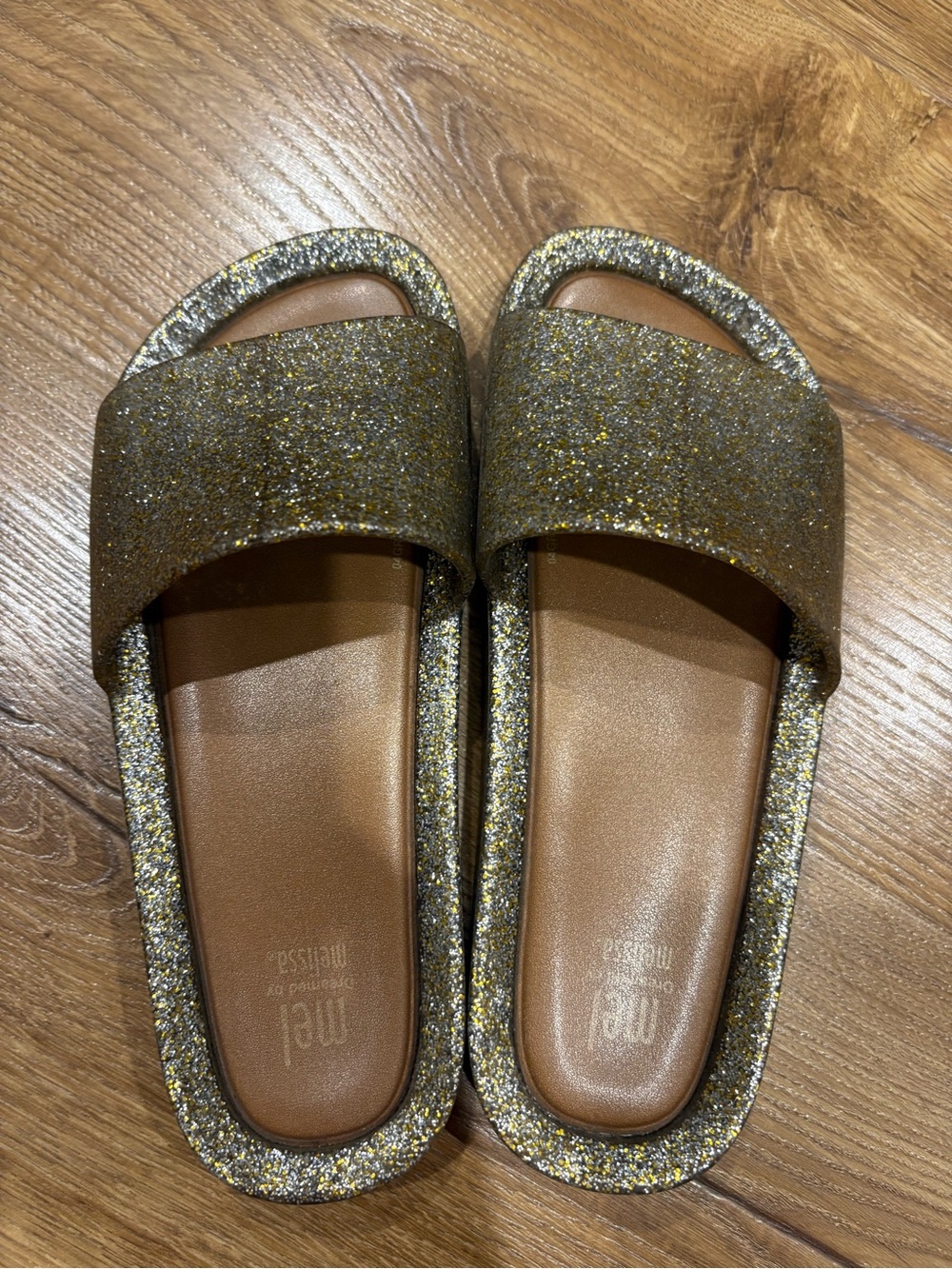 Mini Melissa Glitter Slide Sandals in Gold and Brown